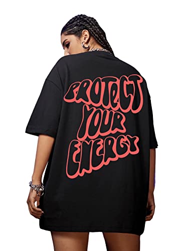 SweatyRocks Women's Short Sleeve Round Neck Tee Graphic Oversized T-Shirt Black L