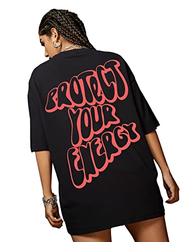 SweatyRocks Women's Short Sleeve Round Neck Tee Graphic Oversized T-Shirt Black L