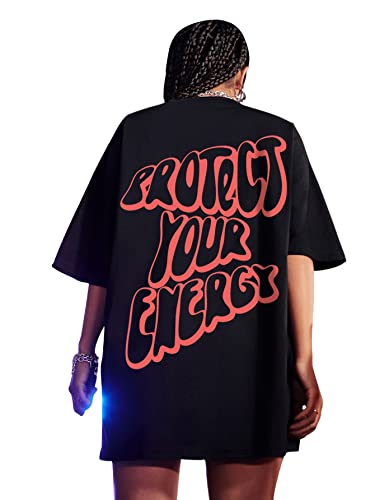 SweatyRocks Women's Short Sleeve Round Neck Tee Graphic Oversized T-Shirt Black L