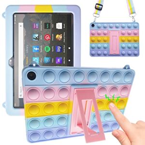 izi way pop it tablet case for amazon fire hd 8 / fire hd 8 plus (10th gen, 2020 release), fidget toy pop its push bubble wrap silicone cover with stand shoulder strap for kids boys girls- rainbow