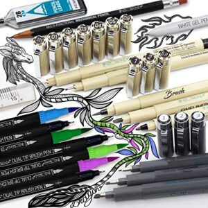 All-in-One Artist Drawing Pens Set -16 Dual Tip Brush Pens, 3 Calligraphy Pens, 10 Drawing Pens, Ruler, White Ink Pen, Mechanical Pencil, Sketch Pad Perfect for Coloring Journaling Planner Projects