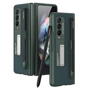 eaxer compatible with samsung galaxy z fold 3 5g 2021 case with s pen holder hard pc bracket kickstand luxury phone case cover for samsung galaxy z fold 3 green