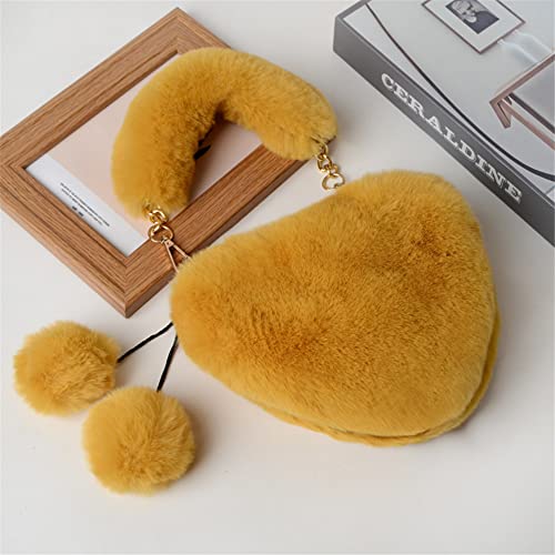 Soft Warm Faux Fur Handbag Fuzzy Crossbody Bag Heart Shape Soft Plush Purse for Winter Girls Women Wallets (Yellow)