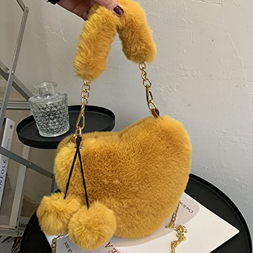 Soft Warm Faux Fur Handbag Fuzzy Crossbody Bag Heart Shape Soft Plush Purse for Winter Girls Women Wallets (Yellow)