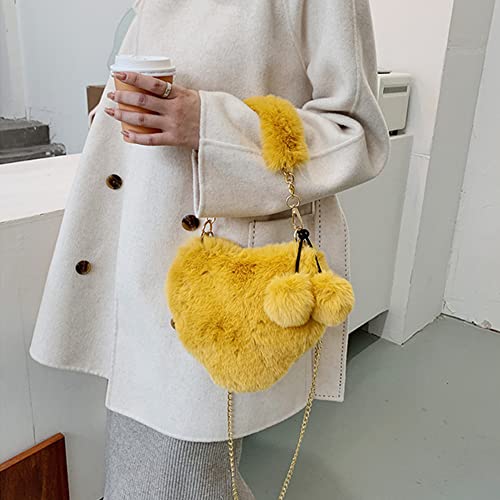 Soft Warm Faux Fur Handbag Fuzzy Crossbody Bag Heart Shape Soft Plush Purse for Winter Girls Women Wallets (Yellow)