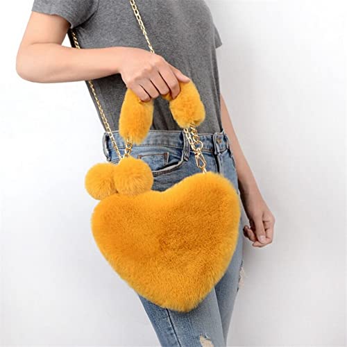 Soft Warm Faux Fur Handbag Fuzzy Crossbody Bag Heart Shape Soft Plush Purse for Winter Girls Women Wallets (Yellow)