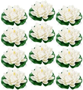 artificial floating lotus flowers, with water lily pad decoration, 12pcs ivory white plastic foam lotus for pond pool floating decoration home garden wedding party holiday decor