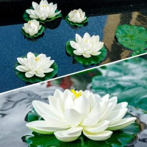 Artificial Floating Lotus Flowers, with Water Lily Pad Decoration, 12Pcs Ivory White Plastic Foam Lotus for Pond Pool Floating Decoration Home Garden Wedding Party Holiday Decor