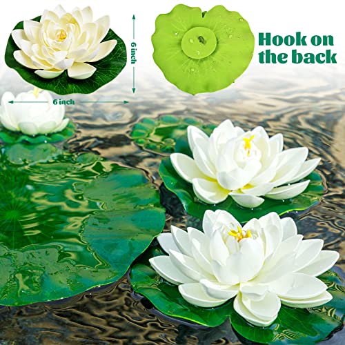 Artificial Floating Lotus Flowers, with Water Lily Pad Decoration, 12Pcs Ivory White Plastic Foam Lotus for Pond Pool Floating Decoration Home Garden Wedding Party Holiday Decor