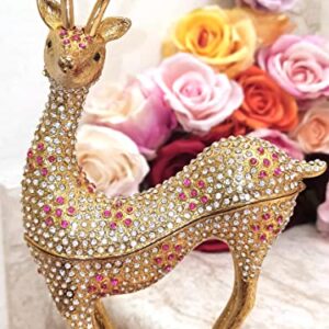 10ct HANDMADE Limited Edition ANTIQUE 1990 Reindeer Figurine LARGE FABERGE Egg Jewelry Box & Fabergé Pendant Necklace & RUBY Bracelet 24k GOLD Womens Day Deer Statue for Home Decor Reindeer Unique 14"