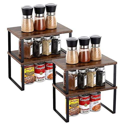 ETELI Kitchen Counter Cabinet Shelf Organizer Expandable Set of 4 Shelf Risers Small Counter Top Racks for Kitchen Cupboard Pantry,Brown