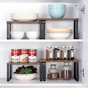 ETELI Kitchen Counter Cabinet Shelf Organizer Expandable Set of 4 Shelf Risers Small Counter Top Racks for Kitchen Cupboard Pantry,Brown