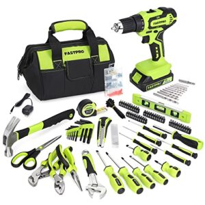 fastpro 232-piece 20v cordless lithium-ion drill driver and home tool set, household repairing tool kit with drill, 12-inch wide mouth open storage tool bag, green