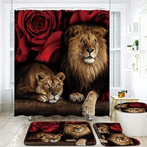 jieprom 4pcs red rose and lion shower curtain set with non-slip rugs, toilet lid cover and bath mat, animal shower curtain with 12 hooks, durable waterproof bathroom decor set