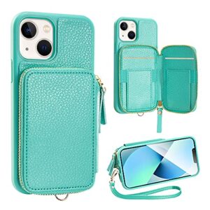 zve iphone 13 wallet case with wristlet, zipper leather case with rfid blocking credit cards holder slots, protective purse handabage cover for iphone 13 6.1" (2021) - mint green