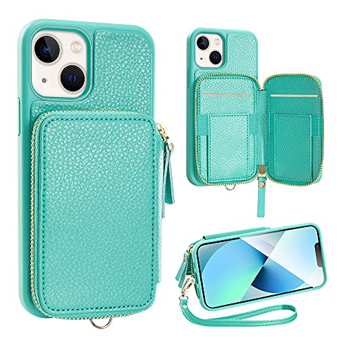 ZVE iPhone 13 Wallet Case with Wristlet, Zipper Leather Case with RFID Blocking Credit Cards Holder Slots, Protective Purse Handabage Cover for iPhone 13 6.1" (2021) - Mint Green