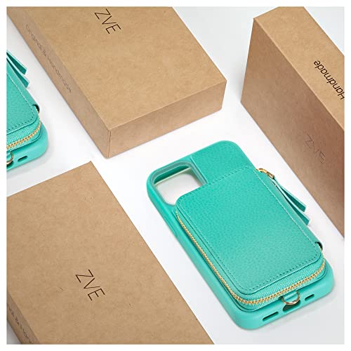 ZVE iPhone 13 Wallet Case with Wristlet, Zipper Leather Case with RFID Blocking Credit Cards Holder Slots, Protective Purse Handabage Cover for iPhone 13 6.1" (2021) - Mint Green