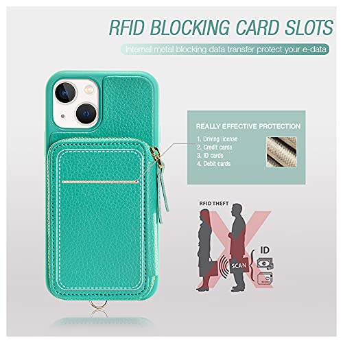 ZVE iPhone 13 Wallet Case with Wristlet, Zipper Leather Case with RFID Blocking Credit Cards Holder Slots, Protective Purse Handabage Cover for iPhone 13 6.1" (2021) - Mint Green