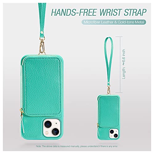 ZVE iPhone 13 Wallet Case with Wristlet, Zipper Leather Case with RFID Blocking Credit Cards Holder Slots, Protective Purse Handabage Cover for iPhone 13 6.1" (2021) - Mint Green