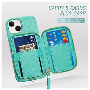 ZVE iPhone 13 Wallet Case with Wristlet, Zipper Leather Case with RFID Blocking Credit Cards Holder Slots, Protective Purse Handabage Cover for iPhone 13 6.1" (2021) - Mint Green