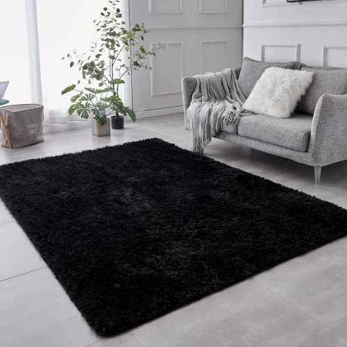 TABAYON Shag Area Rug, 5x7 Ft Black Upgrade Anti-Skid Durable Rectangular Cozy , High Pile Soft Throw Rug for Nursery Living Room