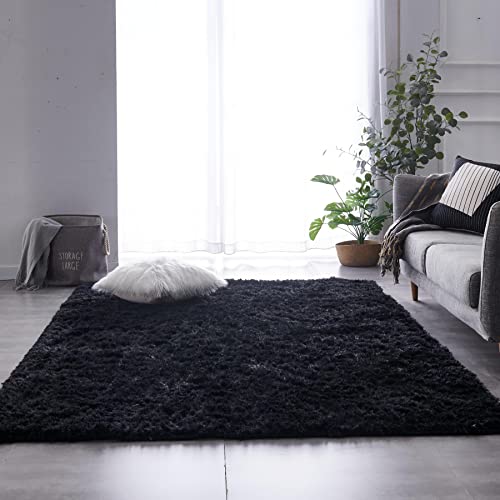 TABAYON Shag Area Rug, 5x7 Ft Black Upgrade Anti-Skid Durable Rectangular Cozy , High Pile Soft Throw Rug for Nursery Living Room