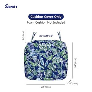 Sunlit Outdoor Cushion Covers 22" x 20" x 4", Replacement Cover Only, 4 Pack Water-Repellent Patio Chair Seat Slipcovers with Zipper and Tie, Tropical Leaf, Blue Green