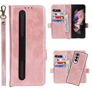 YuHii Galaxy Z Fold 3 Case with S Pen Holder,Leather Wallet Card Solt Magnetic Removable 2 Styles Shockproof PU Leather Hard PC Frame with Pen Holder