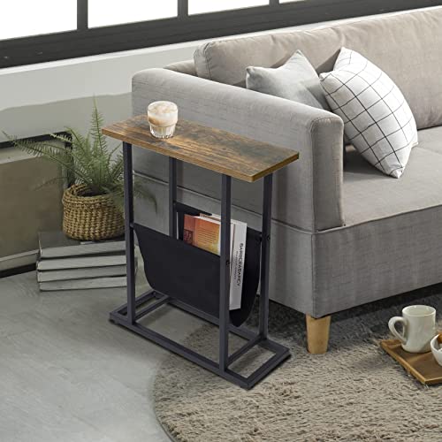 Small Side Table for Small Spaces - Narrow Small End Tables Living Room - Slim End Table with Magazine Holder - Skinny Bedside Table Small Nightstand Bedroom - Industrial Rustic Little Thin Side Table