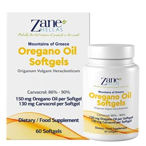 130 mg carvacrol - 150 mg oregano oil per softgel. world highest concentration oregano oil capsule. zane hellas oregano oil. softgel contains 30% greek essential oil of oregano. 60 softgels.