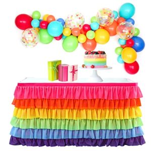 rainbow table skirt table cloth for rectangle or round table, 6 layers tulle table skirt for kids girls birthday wedding baby shower unicorn party fiesta home decor (6ftx30in)