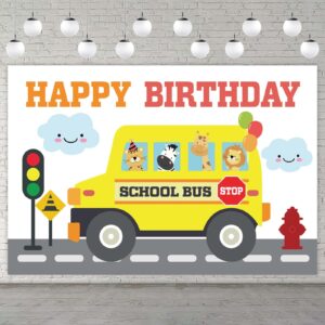yellow school bus happy birthday banner backdrop background photo booth props back to school wheels on the bus theme decor for first day of school welcome party 1st birthday party favors decorations