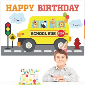 Yellow School Bus Happy Birthday Banner Backdrop Background Photo Booth Props Back to School Wheels on the Bus Theme Decor for First Day of School Welcome Party 1st Birthday Party Favors Decorations