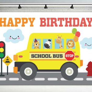 Yellow School Bus Happy Birthday Banner Backdrop Background Photo Booth Props Back to School Wheels on the Bus Theme Decor for First Day of School Welcome Party 1st Birthday Party Favors Decorations