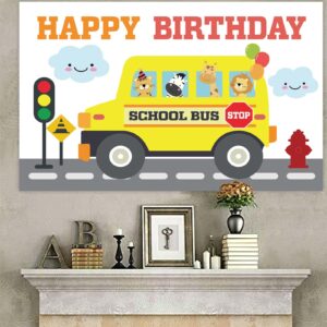 Yellow School Bus Happy Birthday Banner Backdrop Background Photo Booth Props Back to School Wheels on the Bus Theme Decor for First Day of School Welcome Party 1st Birthday Party Favors Decorations