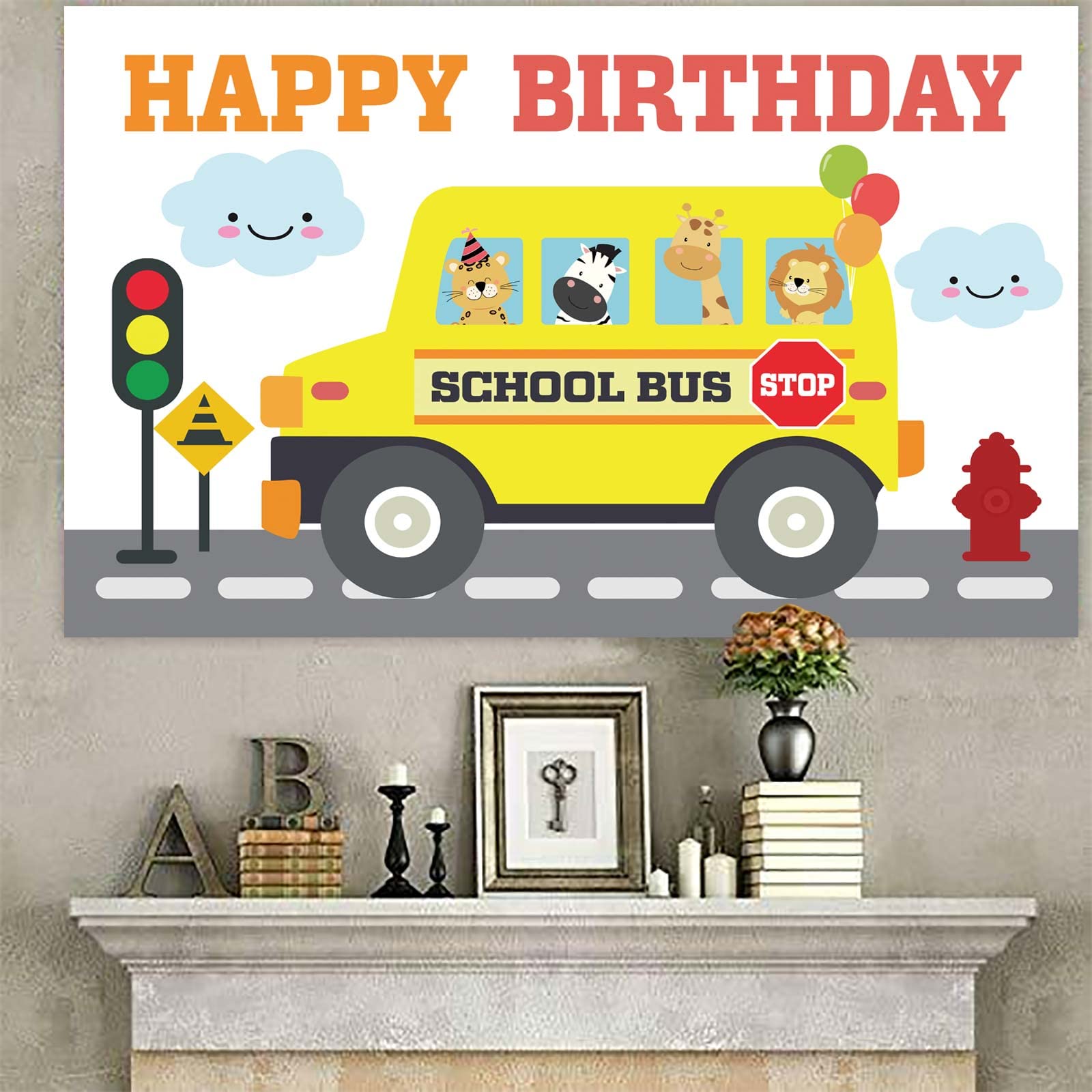 Yellow School Bus Happy Birthday Banner Backdrop Background Photo Booth Props Back to School Wheels on the Bus Theme Decor for First Day of School Welcome Party 1st Birthday Party Favors Decorations