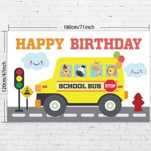 Yellow School Bus Happy Birthday Banner Backdrop Background Photo Booth Props Back to School Wheels on the Bus Theme Decor for First Day of School Welcome Party 1st Birthday Party Favors Decorations