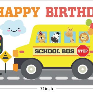 Yellow School Bus Happy Birthday Banner Backdrop Background Photo Booth Props Back to School Wheels on the Bus Theme Decor for First Day of School Welcome Party 1st Birthday Party Favors Decorations