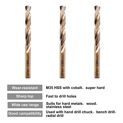 1/2" M35 Cobalt HSS Jobber Length Twist Drill Bit with Straight Shank,Heavy Duty, Pack of 5 PCS, Drilling for Cast Iron, Heat-Treated Steel, Stainless Steel and Other Hard Materials