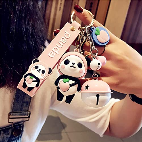 HSYHERE Men Women Boys Girls Rubber Cute PVC Panda Keychain Creative New Year Gift Bag Animal Pendant Fruit Pendant Key Case Car Key Pendant Metal Key Ring-Pink Panda+Pink White Bell, Bells-pink