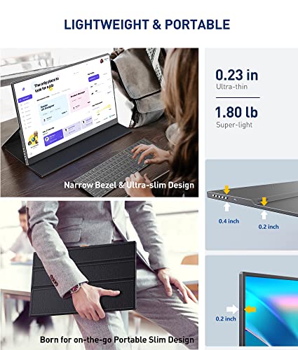 Portable Monitor for Laptop 17.3", FHD 1080P 100% sRGB Travel Monitor for Laptop, Portable Computer IPS Display w/VESA, External Monitor USB-C 60Hz HDR HDMI Portable Screen w/Smart Cover & Speakers