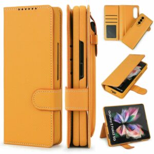 eaxer for samsung galaxy z fold 3 removable card wallet leather pen slot case cover full body protective anti-scratch hard slim case pu leather for samsung galaxy z fold 3 5g 2021 yellow-twill