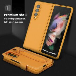 EAXER for Samsung Galaxy Z Fold 3 Removable Card Wallet Leather Pen Slot Case Cover Full Body Protective Anti-Scratch Hard Slim Case PU Leather for Samsung Galaxy Z Fold 3 5G 2021 Yellow-Twill