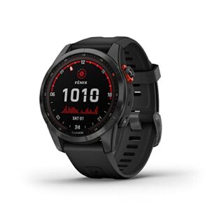 garmin fenix 7s solar, smaller sized adventure smartwatch, with solar charging capabilities, rugged outdoor watch with gps, touchscreen, health and wellness features, slate gray with black band