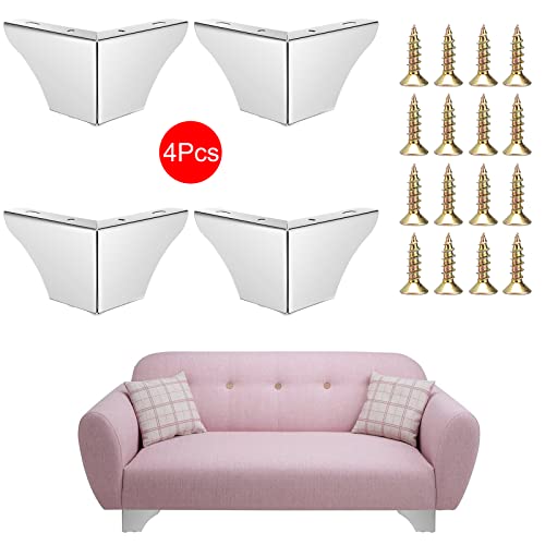 BSTKEY 4Pcs 8CM/3 Inch Modern Metal Furniture Sofa Cabinet Legs with Mounting Screws - DIY Replacement Legs Set for Furniture Cabinet Foot Legs Sofa Bed Desk Table Feet Support, Silver