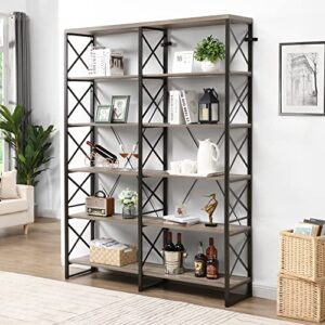 o&k furniture double wide 6-shelf bookcase, 80.7” industrial large open metal bookcases furniture, etagere bookshelf for home & office, grey