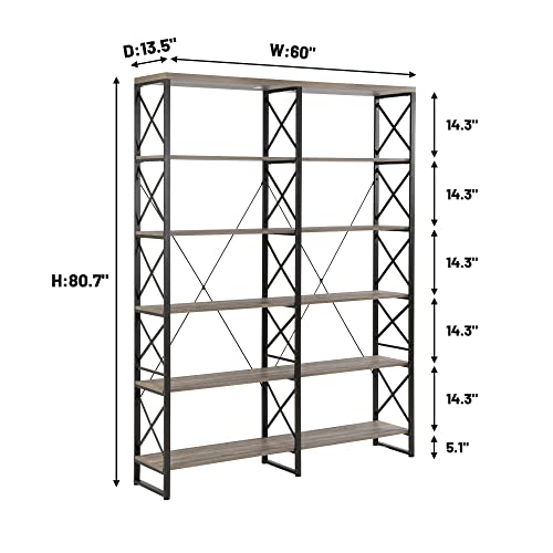 O&K FURNITURE Double Wide 6-Shelf Bookcase, 80.7” Industrial Large Open Metal Bookcases Furniture, Etagere Bookshelf for Home & Office, Grey