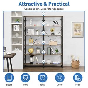 O&K FURNITURE Double Wide 6-Shelf Bookcase, 80.7” Industrial Large Open Metal Bookcases Furniture, Etagere Bookshelf for Home & Office, Grey