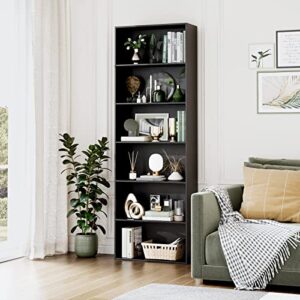 FOTOSOK 6-Tier Open Bookcase and Bookshelf, Freestanding Display Storage Shelves Tall Bookcase for Bedroom, Living Room and Office, Black