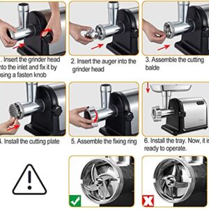 AAOBOSI Electric Meat Grinder 【3000W Max 】Heavy Duty Stainless Steel Meat Mincer with 3 Grinding Plates, 3 Sausage Stuffer Tubes & Kubbe Attachments,Easy One-Button Control